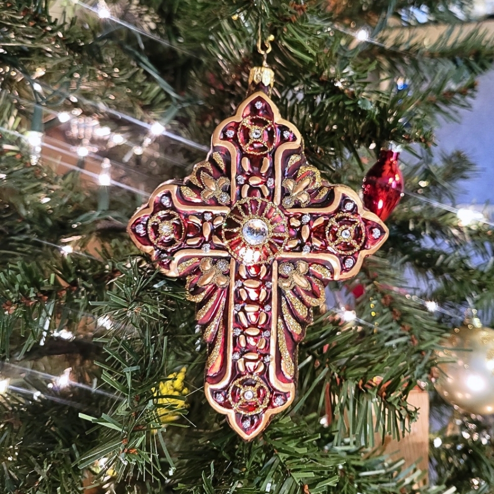 Jim Marvin Byzantine Cross Polish Glass Ornament Red Glitter Poland Christmas 6"